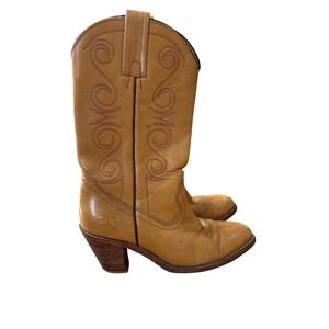 Frye Cowboy Boots Women Tan Vintage Leather Western Scroll SIZE 8.5B